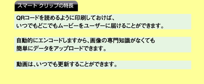 スマートクリップの特徴：ＱＲコードを読めるように印刷しておけば、いつでもどこでもムービーをユーザーに届けることができます。又、サーバ上で自動的にエンコードされるので、画像の専門知識がなくても菅単にデータをアップロードできます。さらに、動画はいつでも更新することができます。